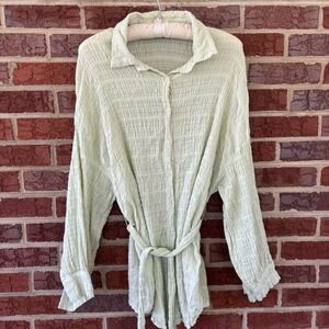 Fanco Belted Top Women's L Pale Green‎ Gauze Textured Cotton Coastal Resort Wear